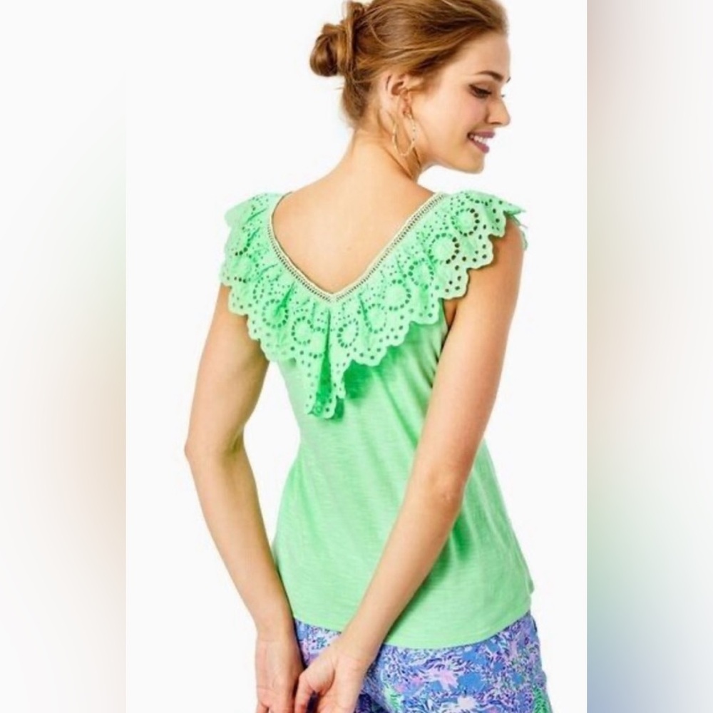 New Lilly Pulitzer Plaza Top Eyelet Ruffle Short Sleeve Large Patina Green - Picture 2 of 9